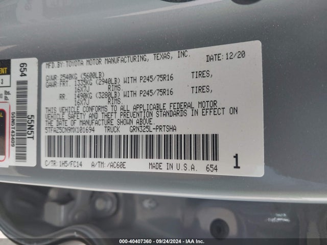Toyota Tacoma Sr5 V6 2021 5TFAZ5CN9MX101694 Image 9
