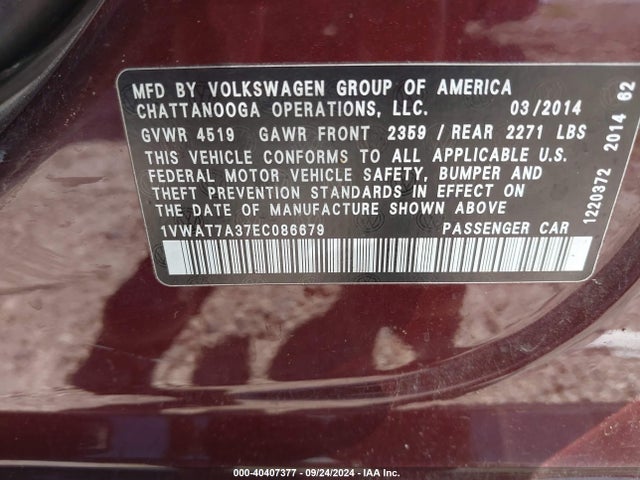 40407377 :رقم المزاد ، 1VWAT7A37EC086679 vin ، 2014 Volkswagen Passat 1.8t Wolfsburg Edition مزاد بيع