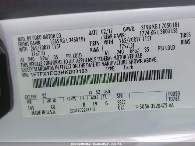 Ford F-150 Xl 2017 1FTFX1EG3HKD03193 Image 9