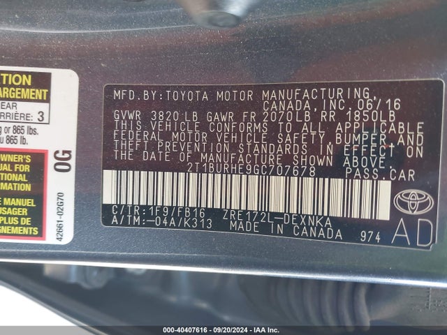 Toyota COROLLA LE 2016 2T1BURHE9GC707678 Image 9