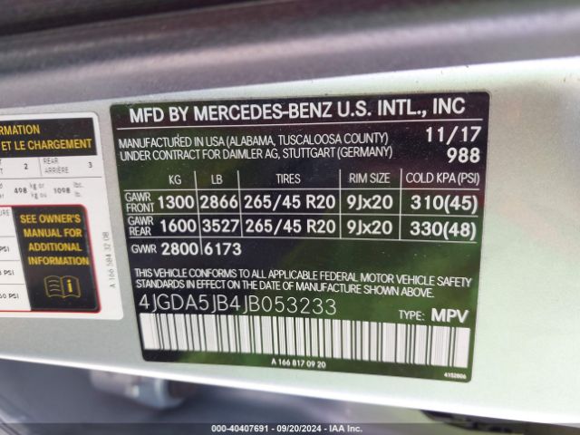 4JGDA5JB4JB053233 Mercedes-Benz GLE 350