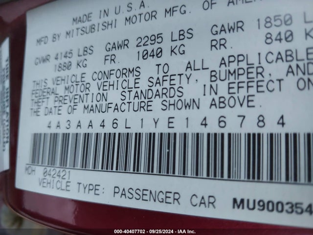 2000 MITSUBISHI GALANT 4A3AA46L1YE146784 Photo 8