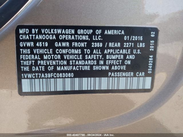 1VWCT7A39FC063060 Volkswagen Passat 1.8t Sel Premium