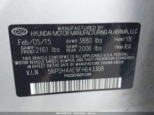 5NPDH4AE9FH643308 Hyundai ELANTRA SE