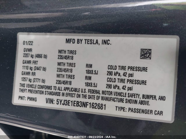 2022 TESLA MODEL 3 5YJ3E1EB3NF162681 Photo 8