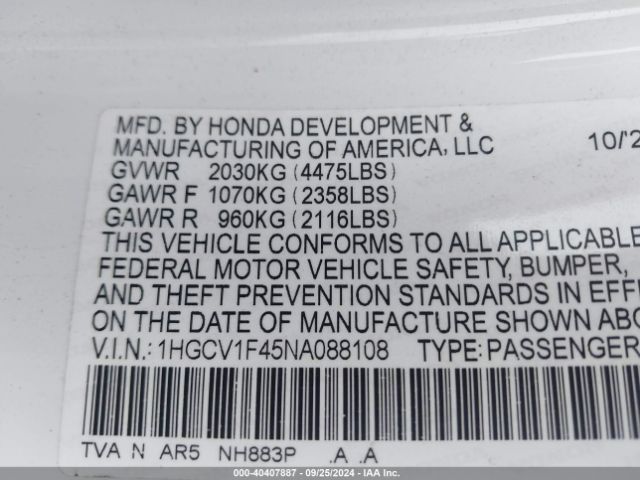 1HGCV1F45NA088108 Honda Accord Sport Special Edition