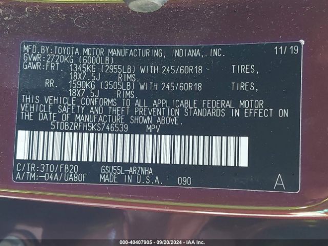 5TDBZRFH5KS746539 Toyota Highlander Le