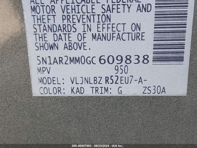 5N1AR2MM0GC609838 Nissan Pathfinder Platinum/s/sl/sv