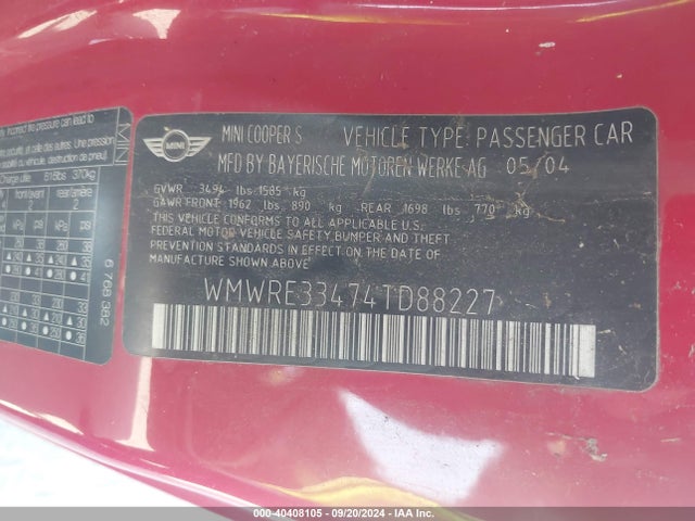 2004 MINI COOPER S WMWRE33474TD88227 Photo 8