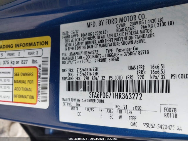 Ford FUSION S 2017 3FA6P0G71HR363272 Image 9
