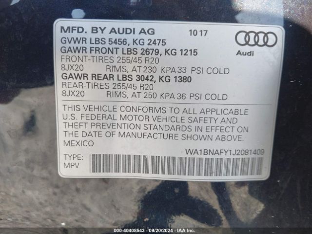WA1BNAFY1J2081409 Audi Q5 2.0t Premium/2.0t Tech Premium