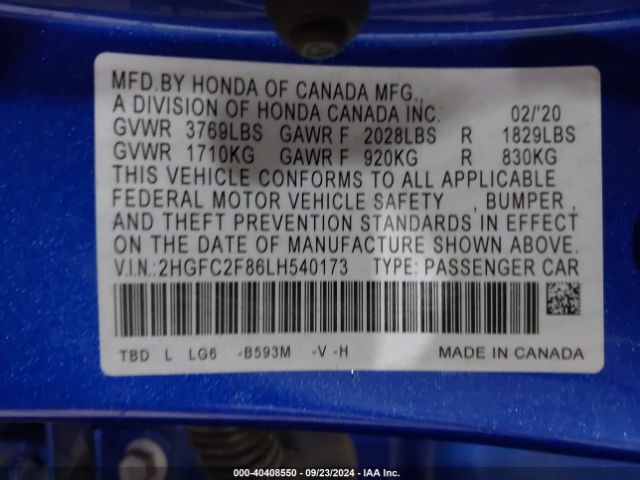 2HGFC2F86LH540173 Honda Civic Sport