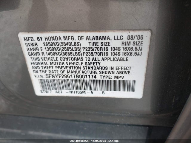 2007 Honda Pilot Ex-l მანქანა იყიდება აუქციონზე, vin: 5FNYF28617B001174, აუქციონის ნომერი: 40408564