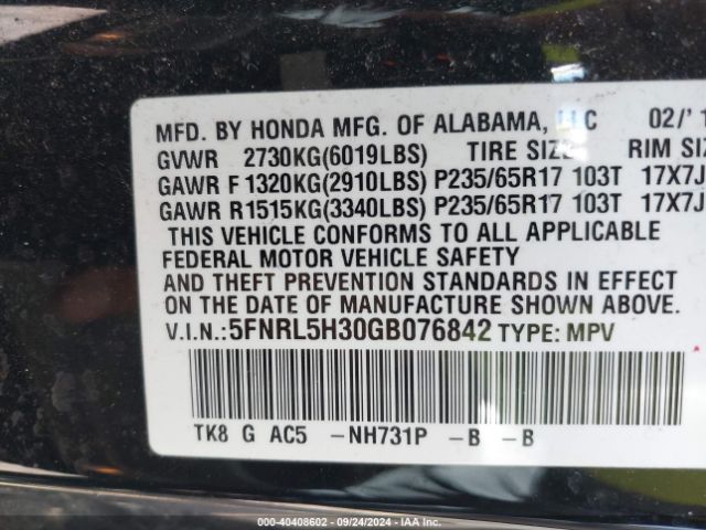 5FNRL5H30GB076842 Honda ODYSSEY SE