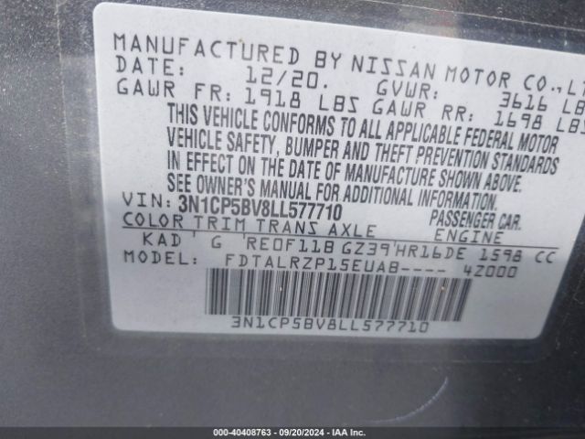 3N1CP5BV8LL577710 Nissan KICKS S