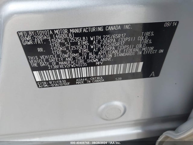Toyota RAV4 LE 2015 2T3BFREV2FW240235 Image 9