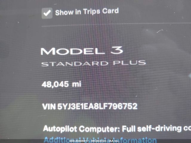 5YJ3E1EA8LF796752 Tesla Model 3 Standard Range Plus Rear-wheel Drive/standard Range Rear-wheel Drive