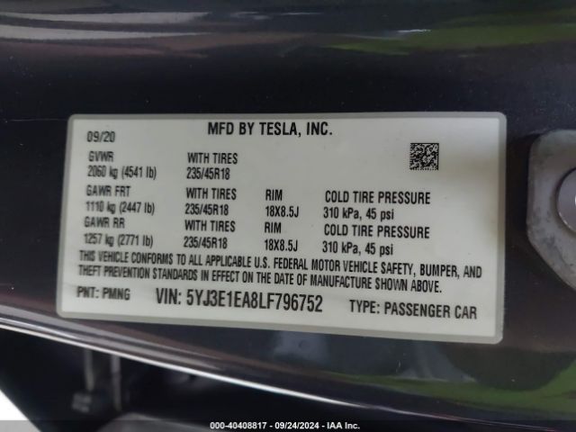 5YJ3E1EA8LF796752 Tesla Model 3 Standard Range Plus Rear-wheel Drive/standard Range Rear-wheel Drive