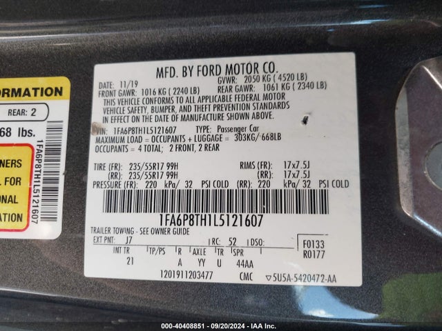 Ford Mustang Ecoboost Fastback 2020 1FA6P8TH1L5121607 Image 9