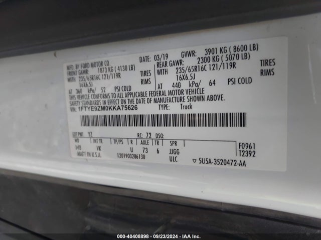 Ford Transit-150 2019 1FTYE9ZM0KKA75626 Image 9