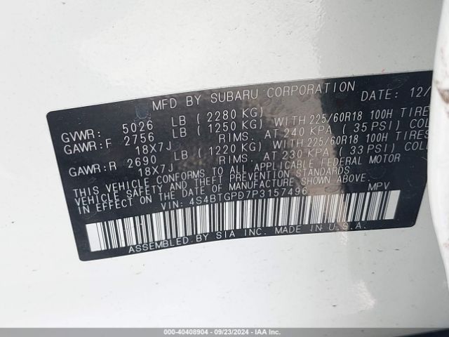 4S4BTGPD7P3157496 Subaru Outback Touring Xt