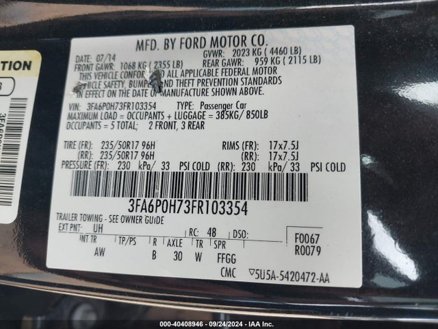 Ford FUSION SE 2015 3FA6P0H73FR103354 Image 9