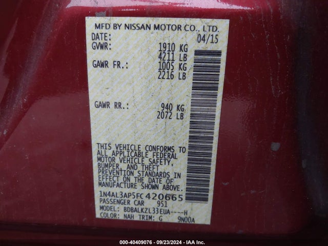 Nissan Altima 2.5 Sv 2015 1N4AL3AP5FC420665 Image 9