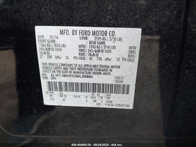 2LMTJ8KR5GBL59860 Lincoln Mkx Select