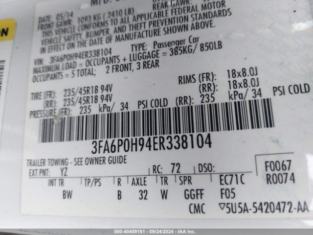 3FA6P0H94ER338104 Ford FUSION SE