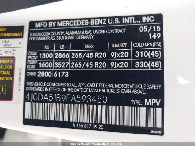 4JGDA5JB9FA593450 Mercedes-Benz ML 350