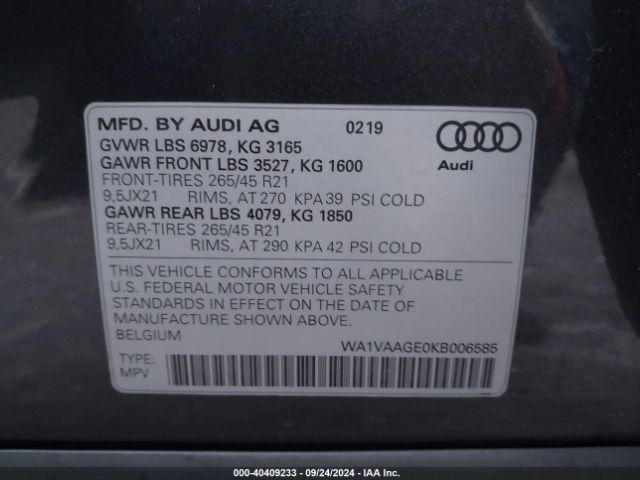 WA1VAAGE0KB006585 Audi E-tron Premium Plus