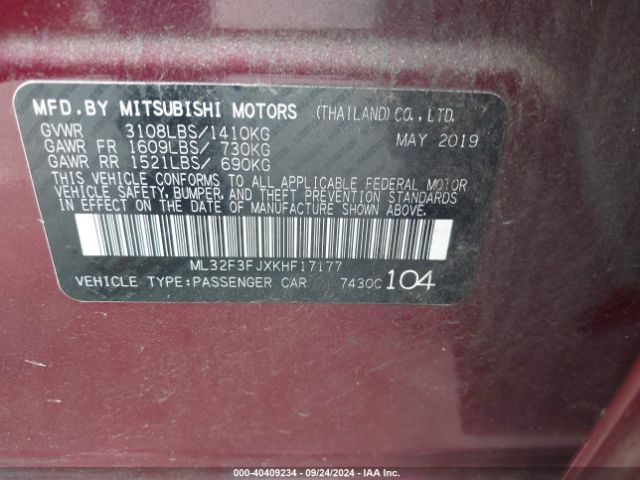 ML32F3FJXKHF17177 Mitsubishi Mirage G4 Es
