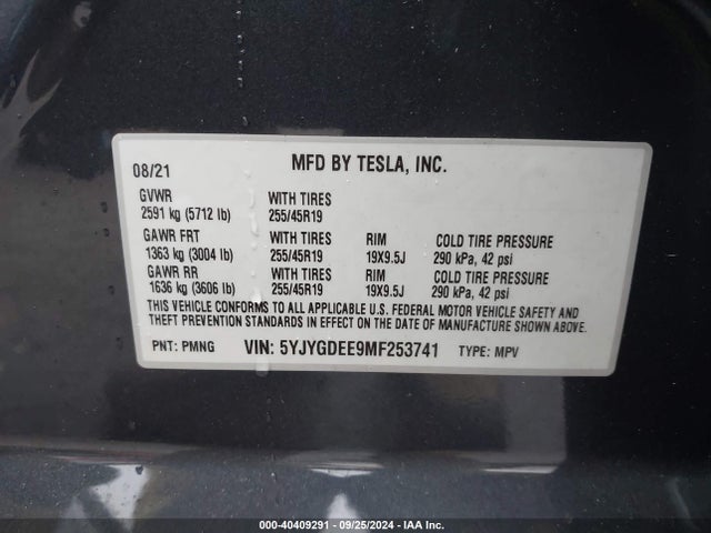 2021 TESLA MODEL Y 5YJYGDEE9MF253741 Photo 8