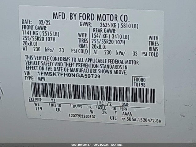 Ford Explorer Limited 2022 1FMSK7FH0NGA59729 Image 9