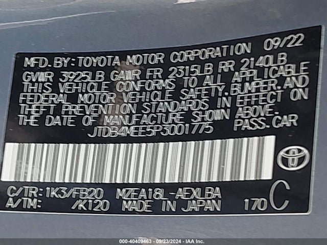 Toyota COROLLA LE 2023 JTDB4MEE5P3001775 Image 9