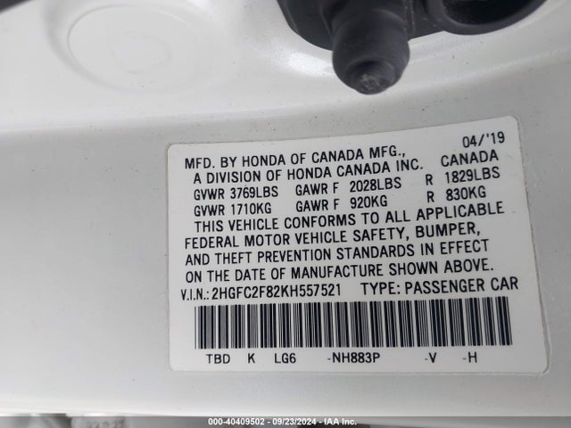 Honda Civic Sport 2019 2HGFC2F82KH557521 Image 9