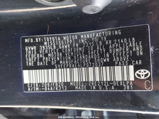 Toyota COROLLA LE 2020 5YFEPRAE4LP072037 Image 9