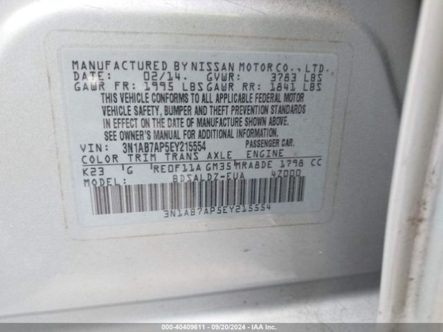 3N1AB7AP5EY215554 Nissan Sentra Fe+ S/fe+ Sv/s/sl/sr/sv