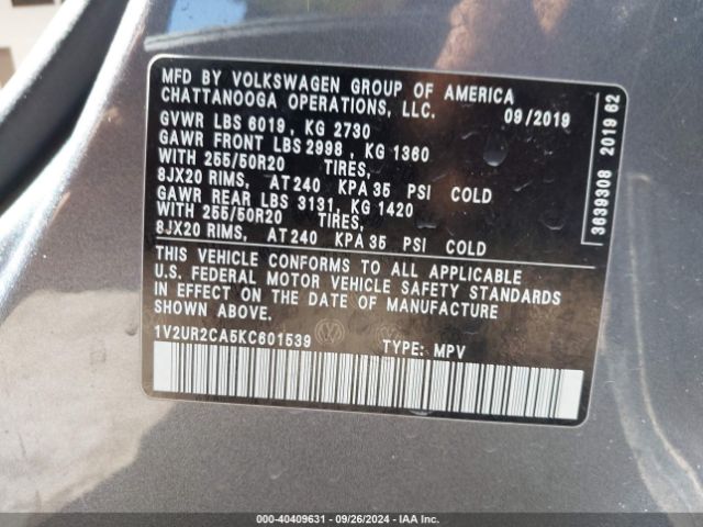 1V2UR2CA5KC601539 Volkswagen Atlas 3.6l V6 Se W/technology