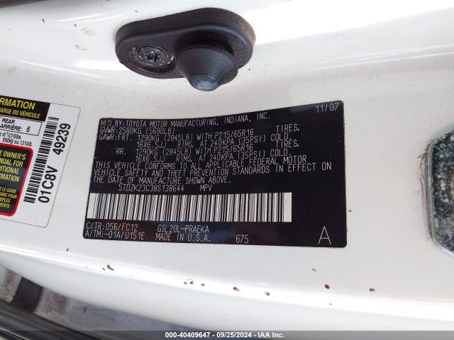 Продаж на аукціоні авто 2008 Toyota Sienna Le, vin: 5TDZK23C38S138644, номер лоту: 40409647