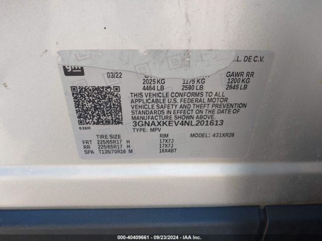 3GNAXKEV4NL201613 Chevrolet Equinox Fwd Lt