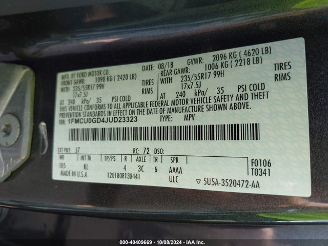 Ford ESCAPE SE 2018 1FMCU0GD4JUD23323 Image 9