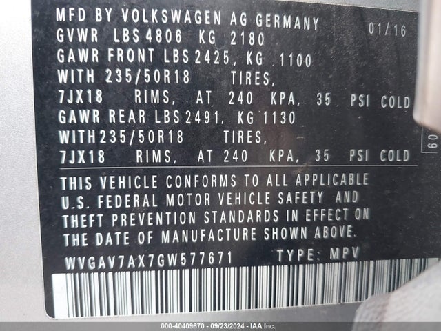 WVGAV7AX7GW577671 Volkswagen TIGUAN SE