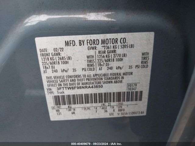 3FTTW8F98NRA43850 Ford Maverick Lariat