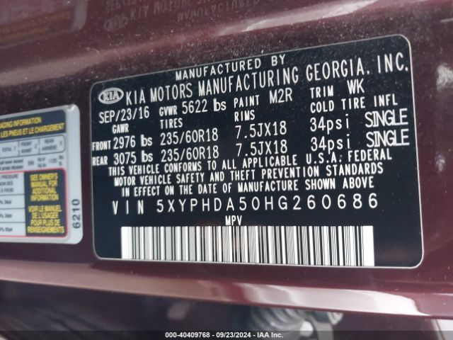 5XYPHDA50HG260686 KIA Sorento 3.3l Ex