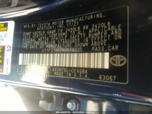 4T1F31AK0NU579235 Toyota Camry Xle Hybrid