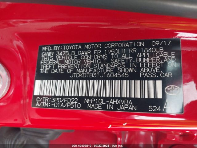 JTDKDTB31J1604545 Toyota Prius C One