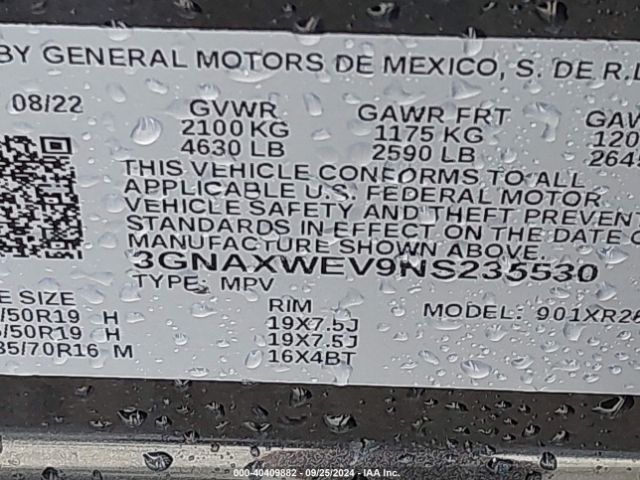 3GNAXWEV9NS235530 Chevrolet Equinox Awd Rs