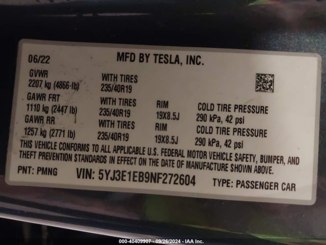 2022 TESLA MODEL 3 5YJ3E1EB9NF272604 Photo 8
