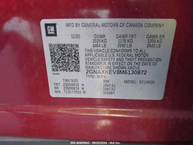 2GNAXKEV8M6130872 Chevrolet Equinox Fwd Lt